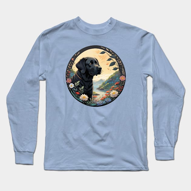 Black Lab Floral Wreath Long Sleeve T-Shirt by Pet And Petal